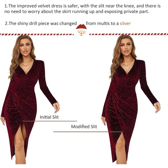 Luxurious Wine Velvet Party Dress - V Neck Long Sleeve & Glitter Detail - Picture 2 of 6